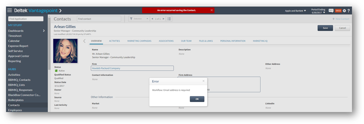 Contacts - workflow errors