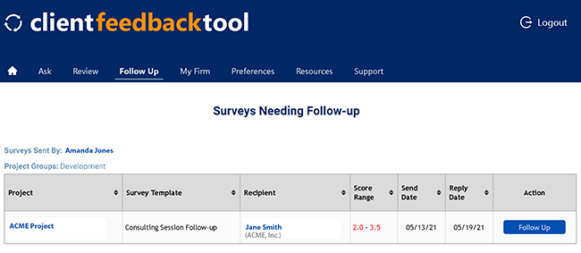 Client Feedback Tool Surveys Needing Follow-up
