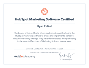 Ryan Felkel's HubSpot Marketing Software Certification