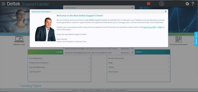 Deltek Support Center Welcome Screen