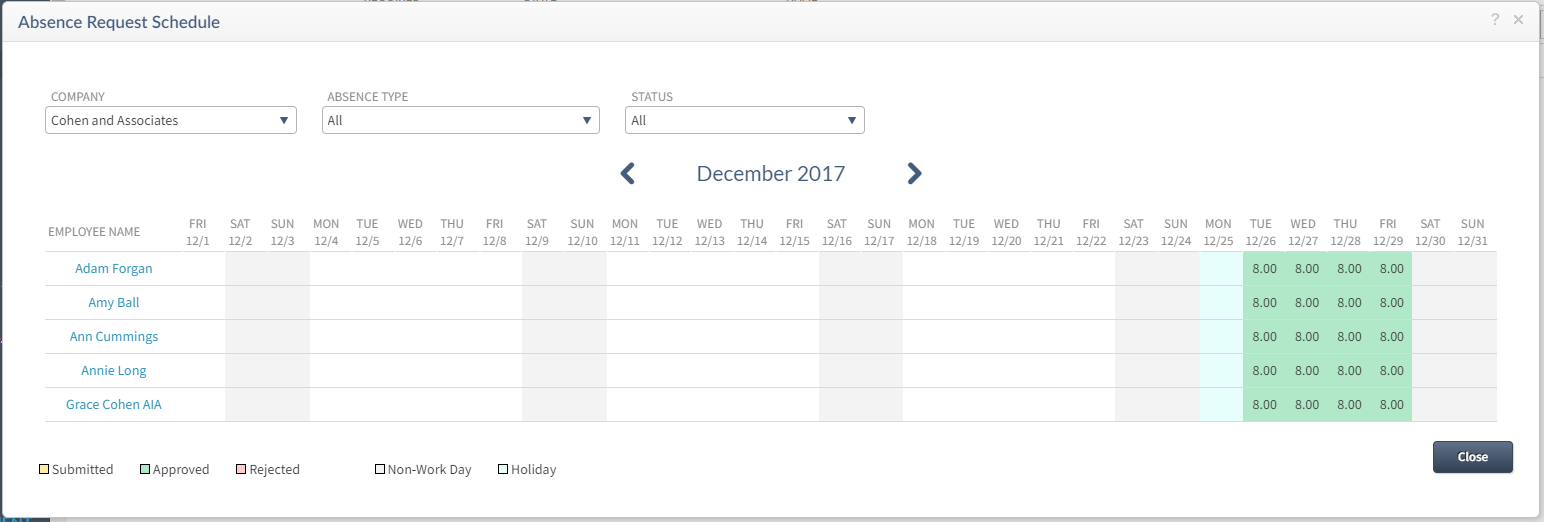 Screenshot of Absence Request Schedule